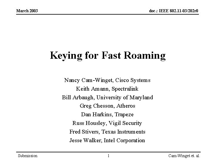 March 2003 doc. : IEEE 802. 11 -03/202 r 0 Keying for Fast Roaming