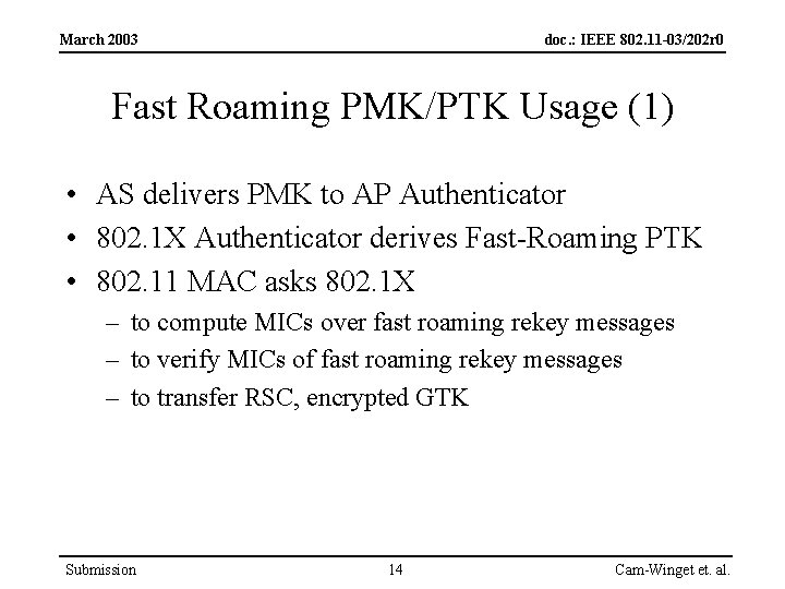 March 2003 doc. : IEEE 802. 11 -03/202 r 0 Fast Roaming PMK/PTK Usage