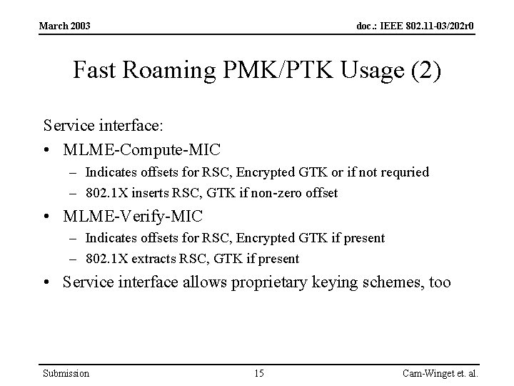 March 2003 doc. : IEEE 802. 11 -03/202 r 0 Fast Roaming PMK/PTK Usage