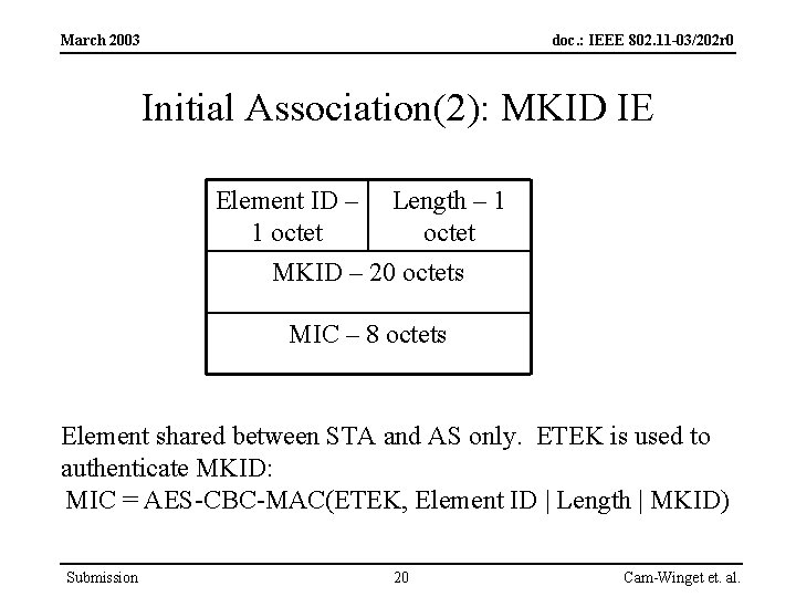 March 2003 doc. : IEEE 802. 11 -03/202 r 0 Initial Association(2): MKID IE