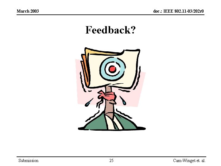 March 2003 doc. : IEEE 802. 11 -03/202 r 0 Feedback? Submission 25 Cam-Winget