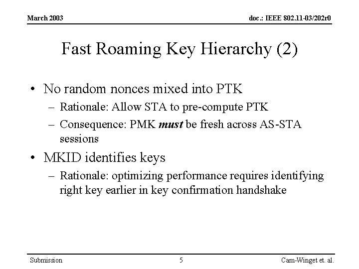 March 2003 doc. : IEEE 802. 11 -03/202 r 0 Fast Roaming Key Hierarchy