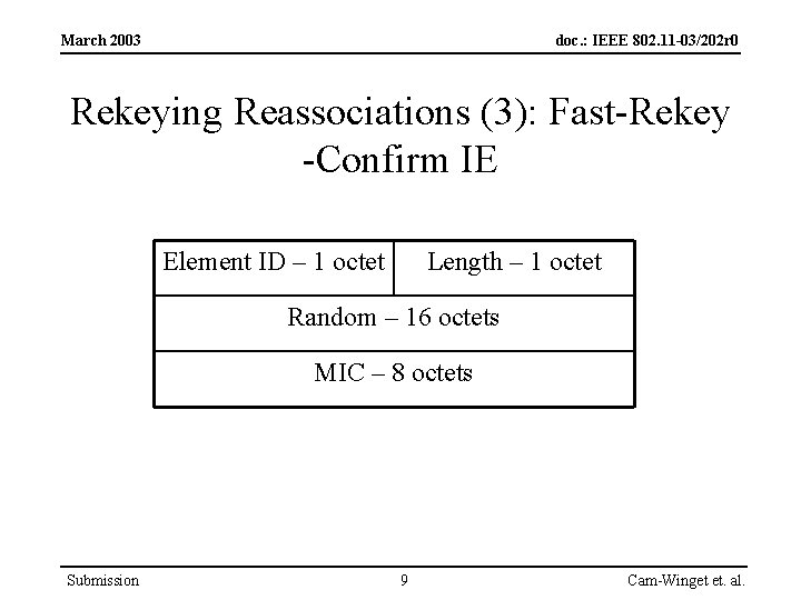 March 2003 doc. : IEEE 802. 11 -03/202 r 0 Rekeying Reassociations (3): Fast-Rekey