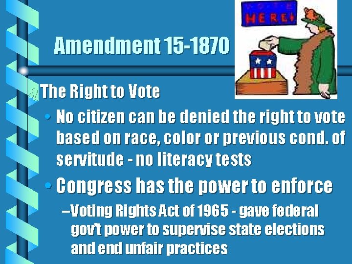 Amendment 15 -1870 b The Right to Vote • No citizen can be denied