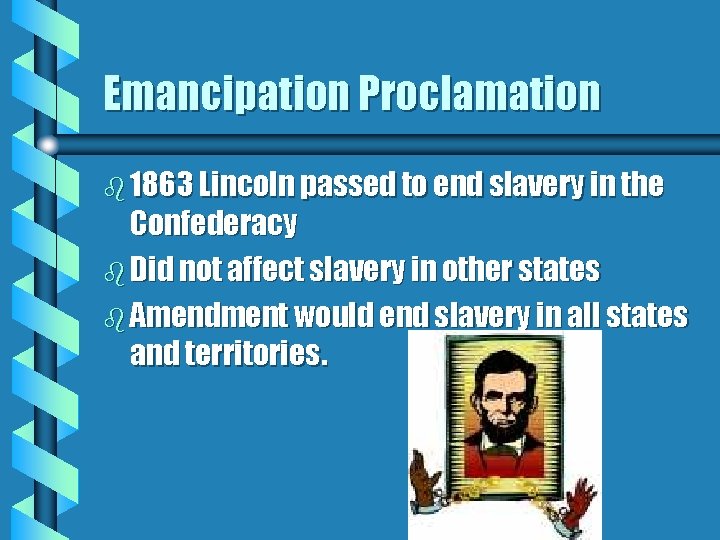 Emancipation Proclamation b 1863 Lincoln passed to end slavery in the Confederacy b Did