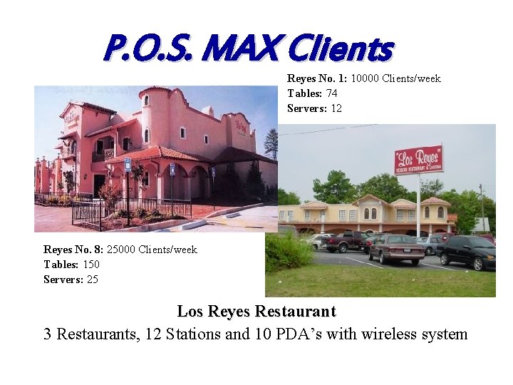 P. O. S. MAX Clients Reyes No. 1: 10000 Clients/week Tables: 74 Servers: 12