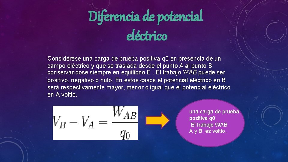 Diferencia de potencial eléctrico Considérese una carga de prueba positiva q 0 en presencia