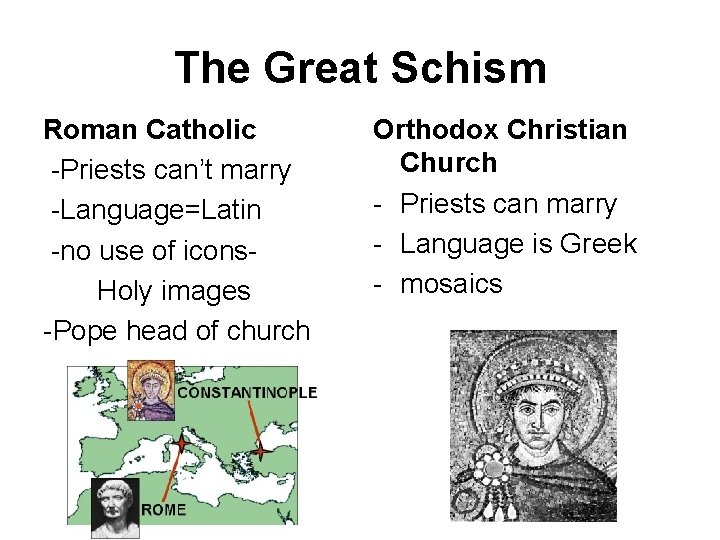 The Great Schism Roman Catholic -Priests can’t marry -Language=Latin -no use of icons. Holy