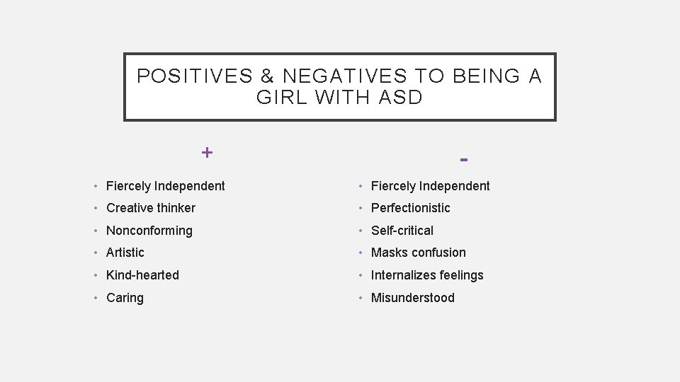 POSITIVES & NEGATIVES TO BEING A GIRL WITH ASD + - • Fiercely Independent