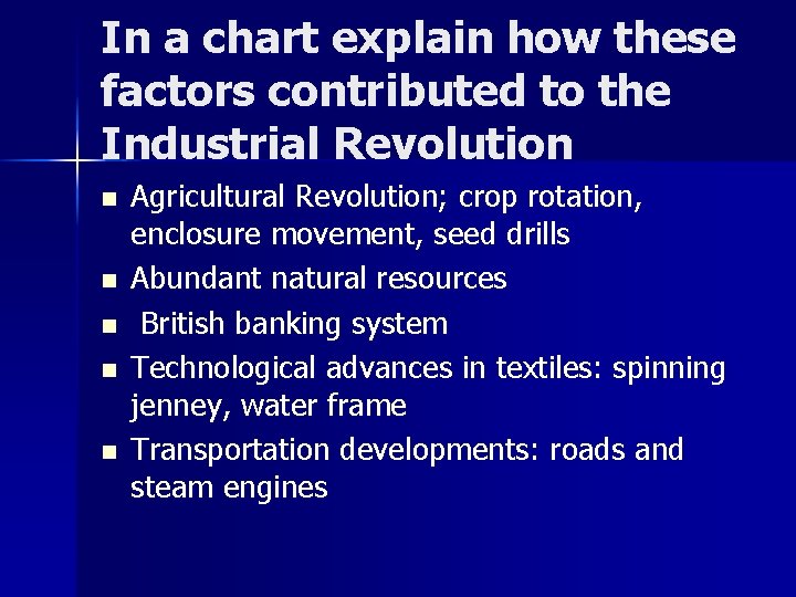 In a chart explain how these factors contributed to the Industrial Revolution n n