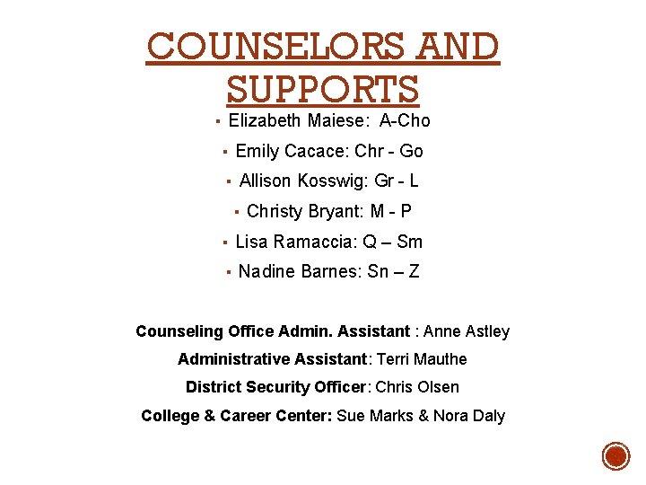 COUNSELORS AND SUPPORTS ▪ Elizabeth Maiese: A-Cho ▪ Emily Cacace: Chr - Go ▪