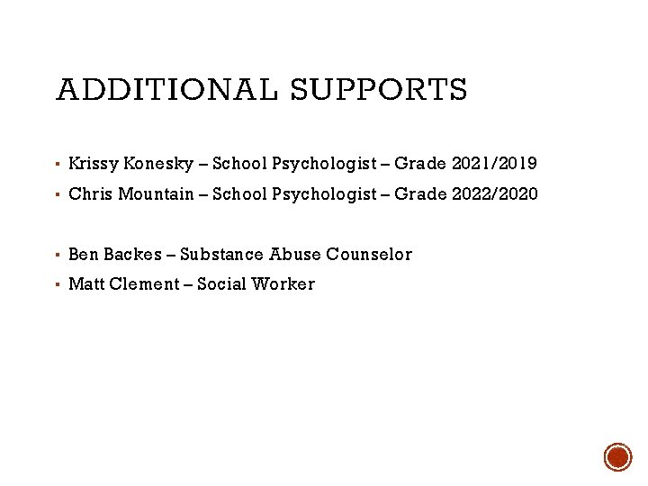 ADDITIONAL SUPPORTS ▪ Krissy Konesky – School Psychologist – Grade 2021/2019 ▪ Chris Mountain