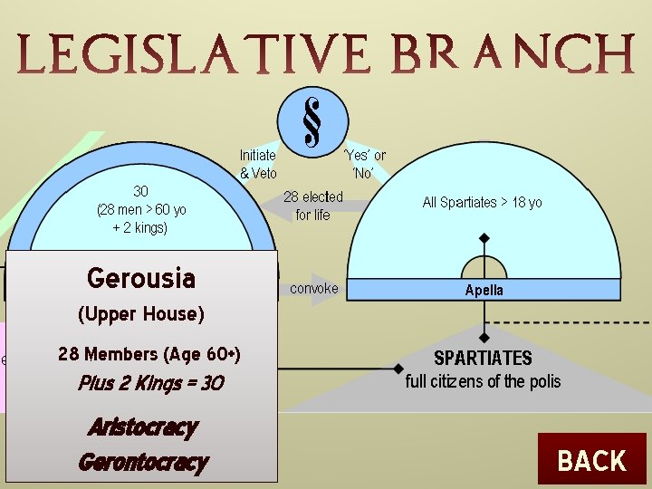 Gerousia (Upper House) 28 Members (Age 60+) Plus 2 Kings = 30 Aristocracy Gerontocracy