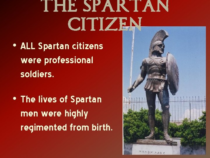 The Spartan Citizen • ALL Spartan citizens were professional soldiers. • The lives of
