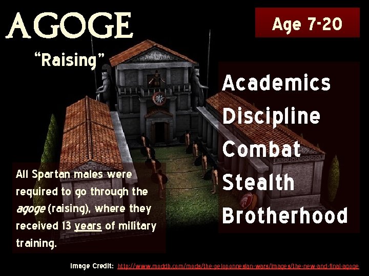 agoge “Raising” All Spartan males were required to go through the agoge (raising), where