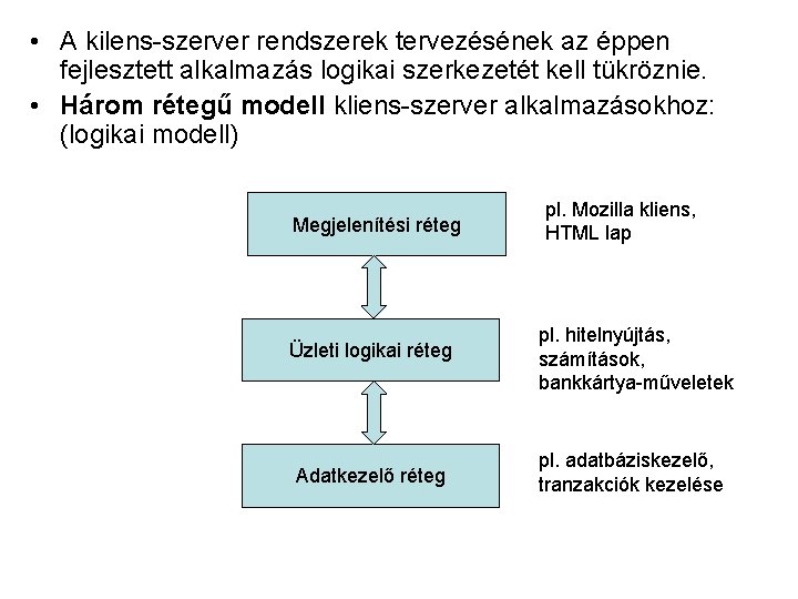  • A kilens-szerver rendszerek tervezésének az éppen fejlesztett alkalmazás logikai szerkezetét kell tükröznie.