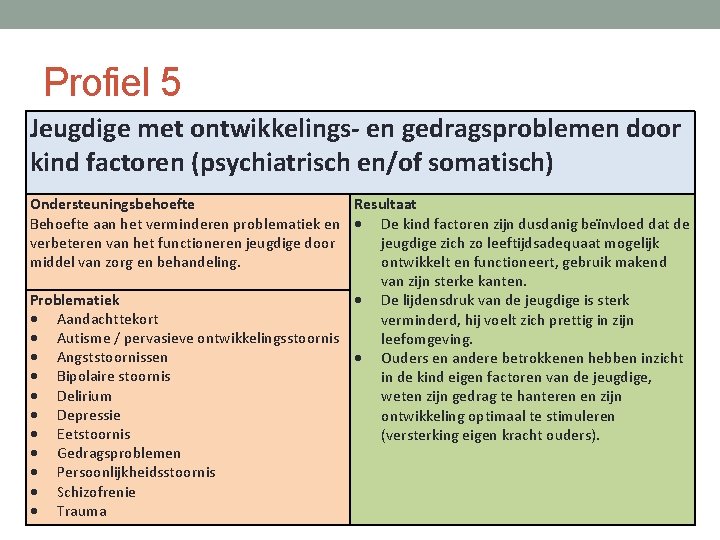 Profiel 5 Jeugdige met ontwikkelings- en gedragsproblemen door kind factoren (psychiatrisch en/of somatisch) Ondersteuningsbehoefte