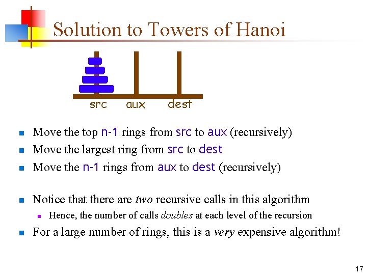 Solution to Towers of Hanoi src aux dest n Move the top n-1 rings Solution to Towers of Hanoi src aux dest n Move the top n-1 rings