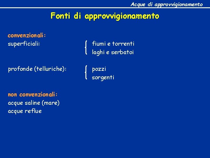 Acque di approvvigionamento Fonti di approvvigionamento convenzionali: superficiali: profonde (telluriche): non convenzionali: acque saline