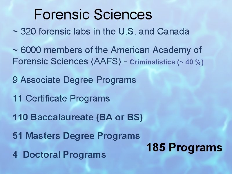 Forensic Sciences ~ 320 forensic labs in the U. S. and Canada ~ 6000