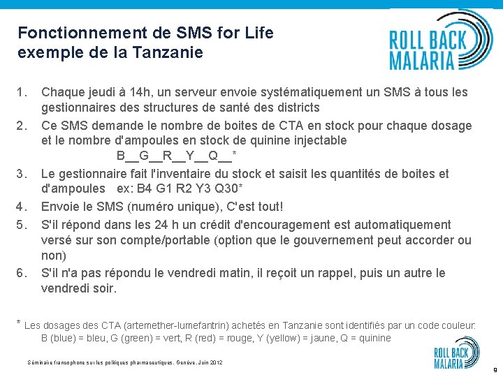 Fonctionnement de SMS for Life exemple de la Tanzanie 1. 2. 3. 4. 5.