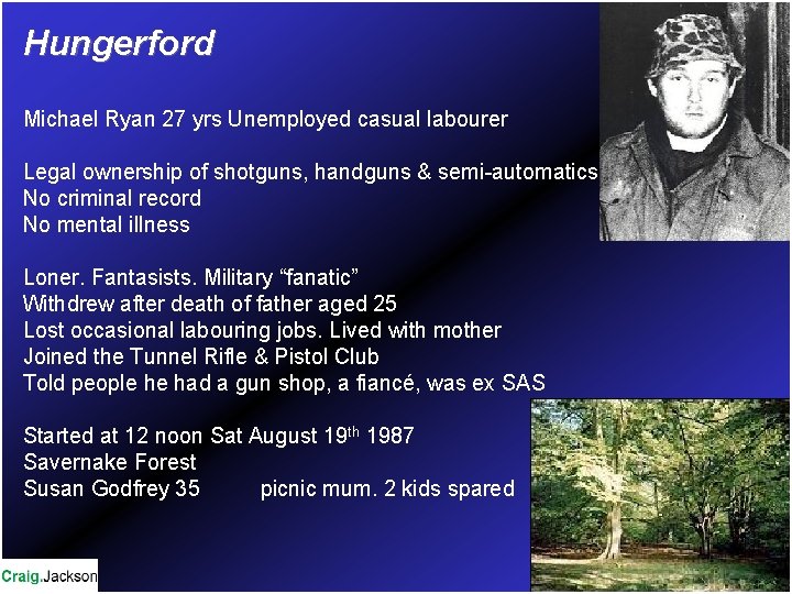 Hungerford Michael Ryan 27 yrs Unemployed casual labourer Legal ownership of shotguns, handguns &