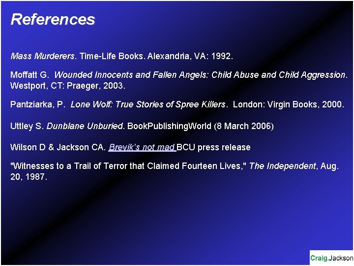 References Mass Murderers. Time-Life Books. Alexandria, VA: 1992. Moffatt G. Wounded Innocents and Fallen