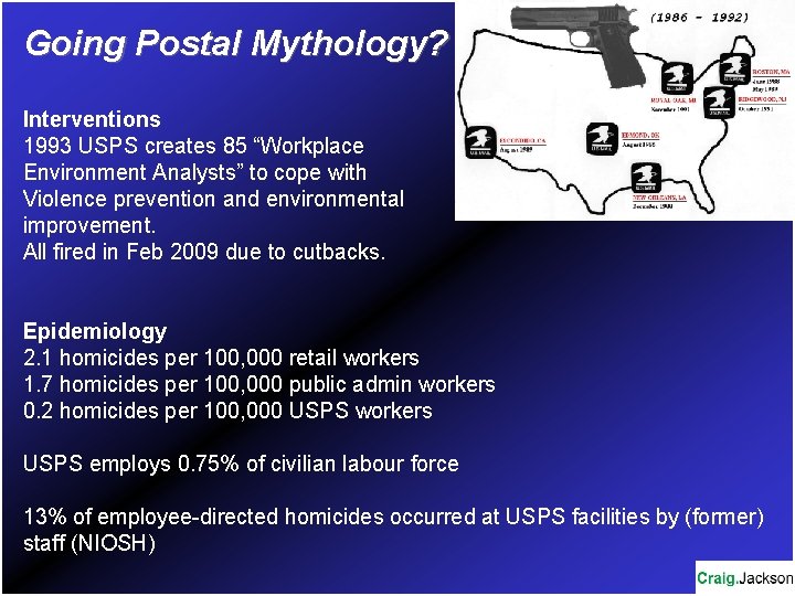 Going Postal Mythology? Interventions 1993 USPS creates 85 “Workplace Environment Analysts” to cope with