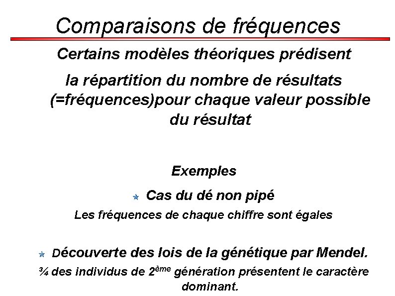 Comparaisons de fréquences Certains modèles théoriques prédisent la répartition du nombre de résultats (=fréquences)pour