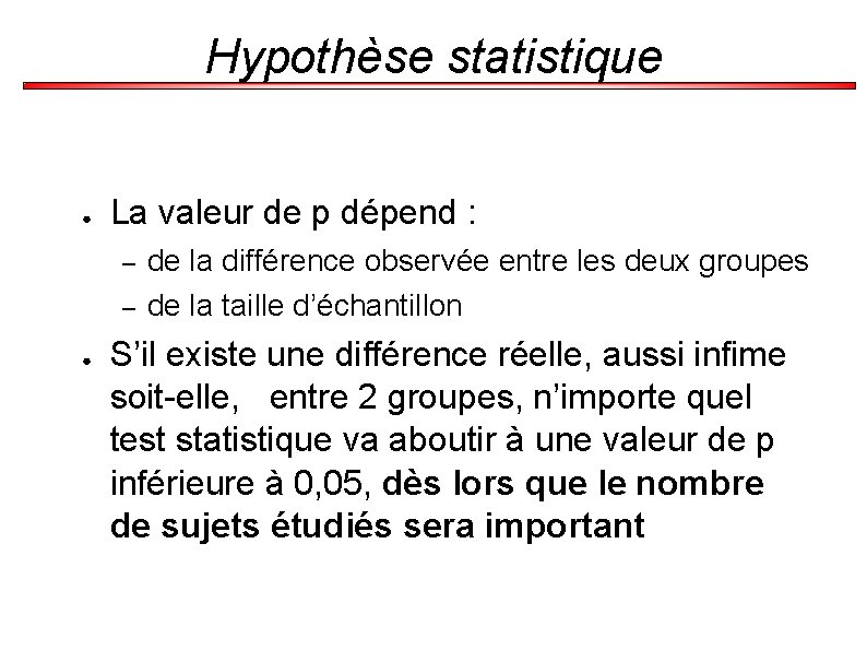 Hypothèse statistique ● La valeur de p dépend : – – ● de la