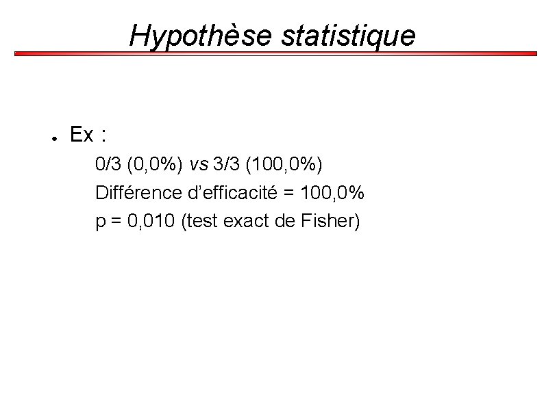 Hypothèse statistique ● Ex : 0/3 (0, 0%) vs 3/3 (100, 0%) Différence d’efficacité