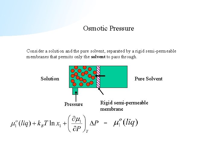Osmotic Pressure Consider a solution and the pure solvent, separated by a rigid semi-permeable