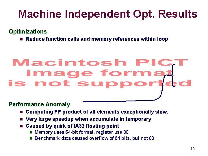 Machine Independent Opt. Results Optimizations n Reduce function calls and memory references within loop