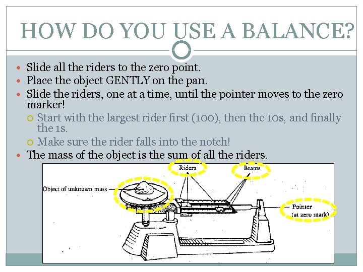 HOW DO YOU USE A BALANCE? Slide all the riders to the zero point.