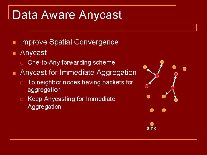 Data Aware Anycast n n Improve Spatial Convergence Anycast q n One-to-Any forwarding scheme