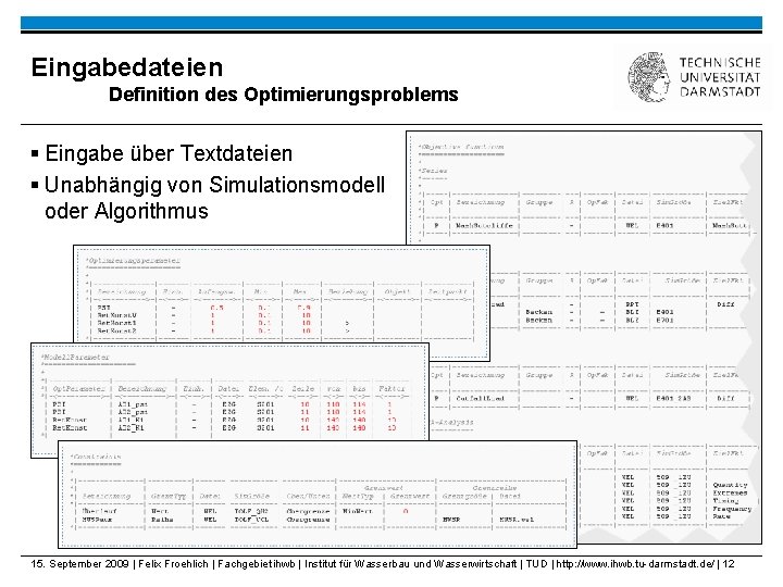 Eingabedateien Definition des Optimierungsproblems § Eingabe über Textdateien § Unabhängig von Simulationsmodell oder Algorithmus