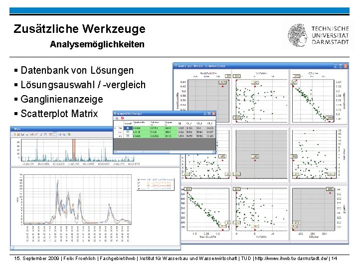 Zusätzliche Werkzeuge Analysemöglichkeiten § Datenbank von Lösungen § Lösungsauswahl / -vergleich § Ganglinienanzeige §