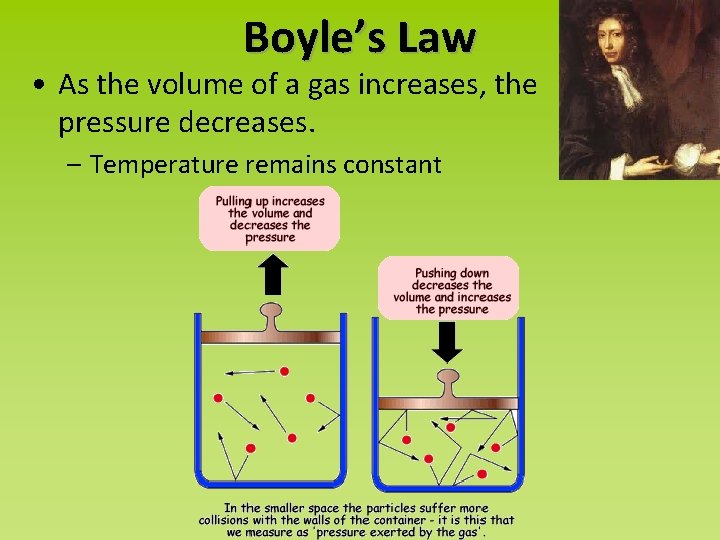 Boyle’s Law • As the volume of a gas increases, the pressure decreases. –