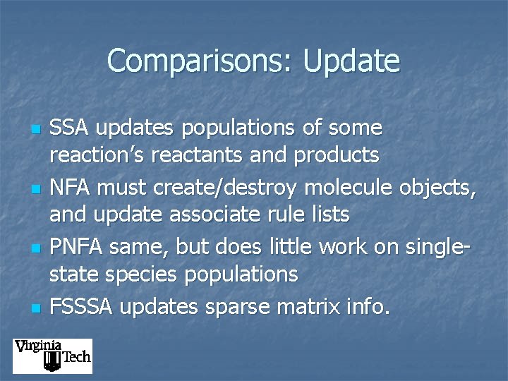 Comparisons: Update n n SSA updates populations of some reaction’s reactants and products NFA