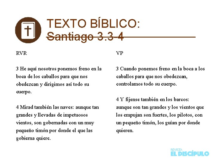 TEXTO BÍBLICO: Santiago 3. 3 -4 RVR VP 3 He aquí nosotros ponemos freno