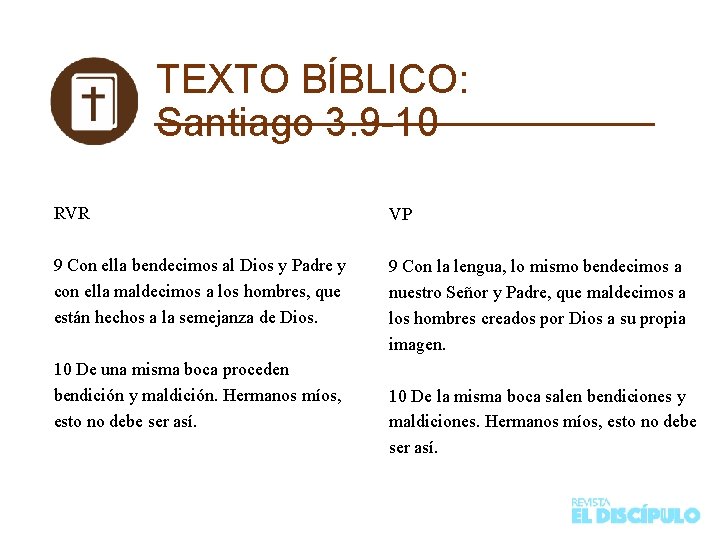 TEXTO BÍBLICO: Santiago 3. 9 -10 RVR VP 9 Con ella bendecimos al Dios