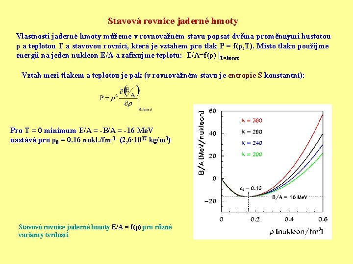 Stavová rovnice jaderné hmoty Vlastnosti jaderné hmoty můžeme v rovnovážném stavu popsat dvěma proměnnými