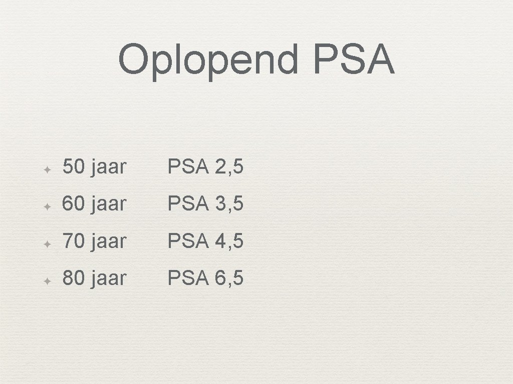 Oplopend PSA ✦ 50 jaar PSA 2, 5 ✦ 60 jaar PSA 3, 5