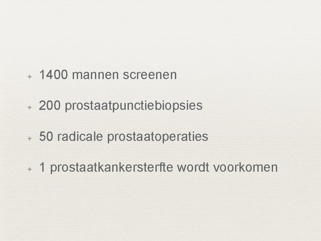 ✦ 1400 mannen screenen ✦ 200 prostaatpunctiebiopsies ✦ 50 radicale prostaatoperaties ✦ 1 prostaatkankersterfte