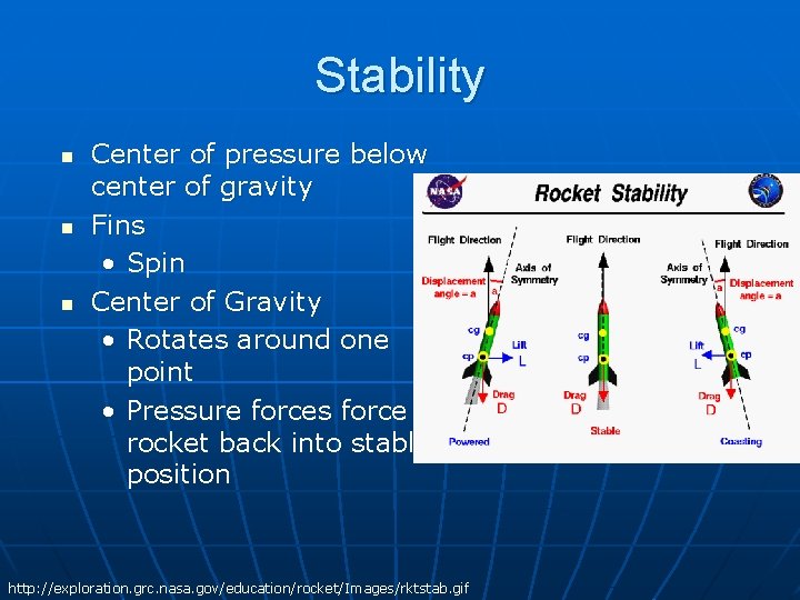 Stability n n n Center of pressure below center of gravity Fins • Spin