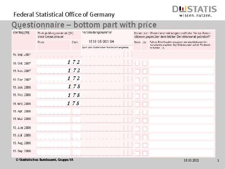 Federal Statistical Office of Germany Questionnaire – bottom part with price information 1 1