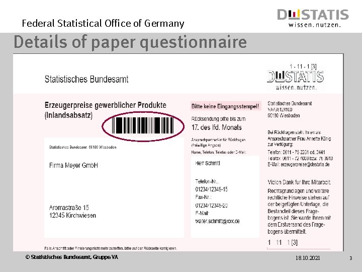 Federal Statistical Office of Germany Details of paper questionnaire © Statistisches Bundesamt, Gruppe VA