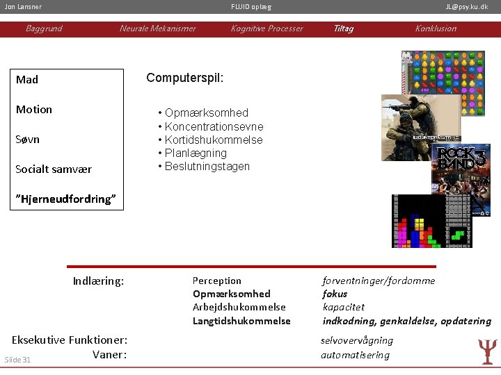 Jon Lansner FLUID oplæg Baggrund Neurale Mekanismer Kognitive Processer JL@psy. ku. dk Tiltag Konklusion