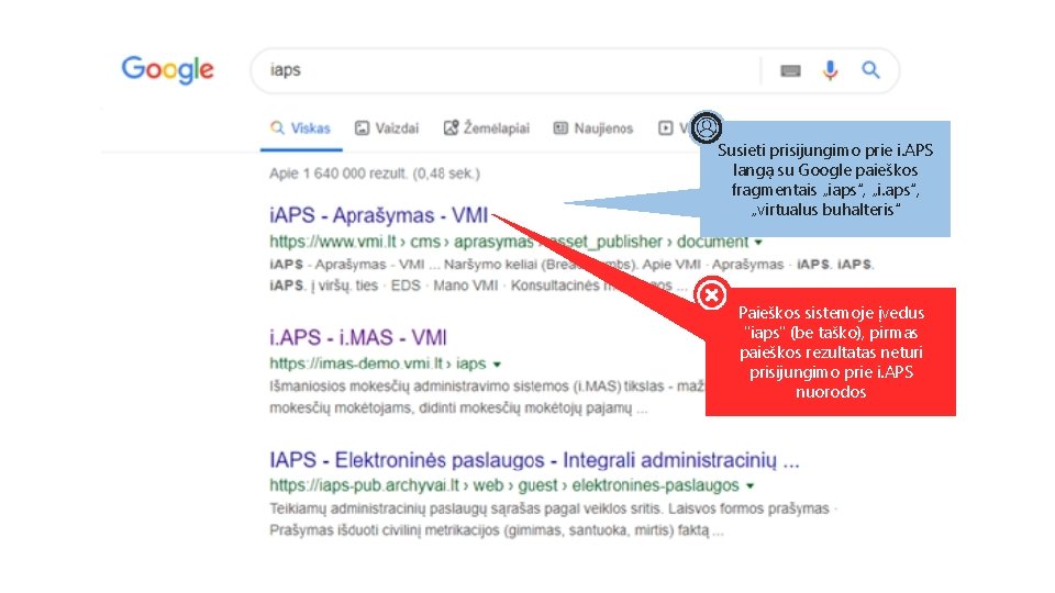 Susieti prisijungimo prie i. APS langą su Google paieškos fragmentais „iaps“, „i. aps“, „virtualus