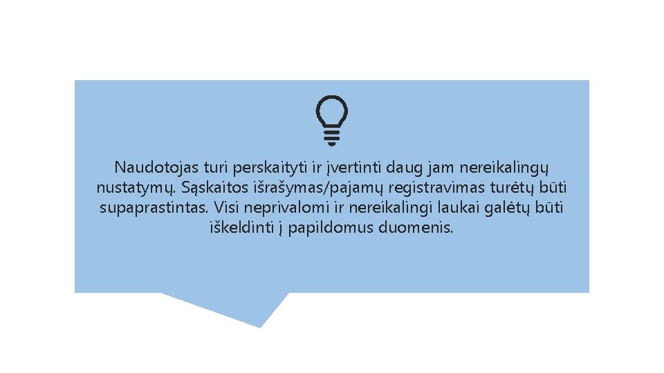 Naudotojas turi perskaityti ir įvertinti daug jam nereikalingų nustatymų. Sąskaitos išrašymas/pajamų registravimas turėtų būti